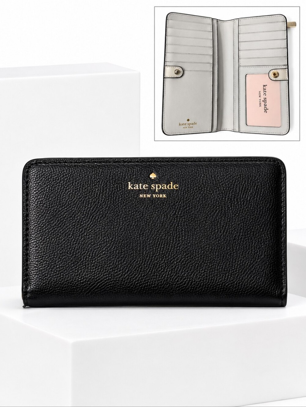 Kate Spade Darcy Large Slim Bifold Wallet Black Pebbled Leather Snap Close
